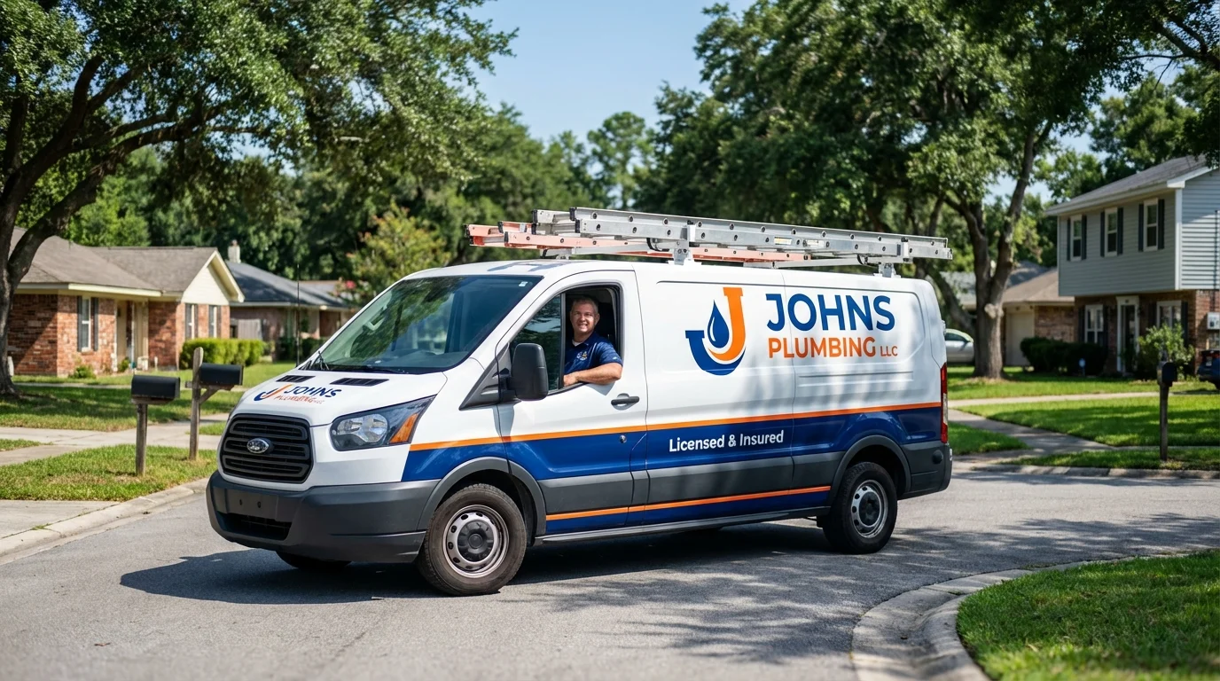 Johns Plumbing LLC service van in Lancaster, MA