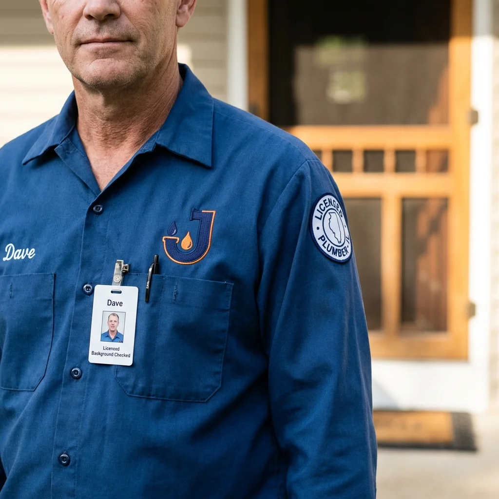 Licensed plumber showing ID badge in Lancaster, MA