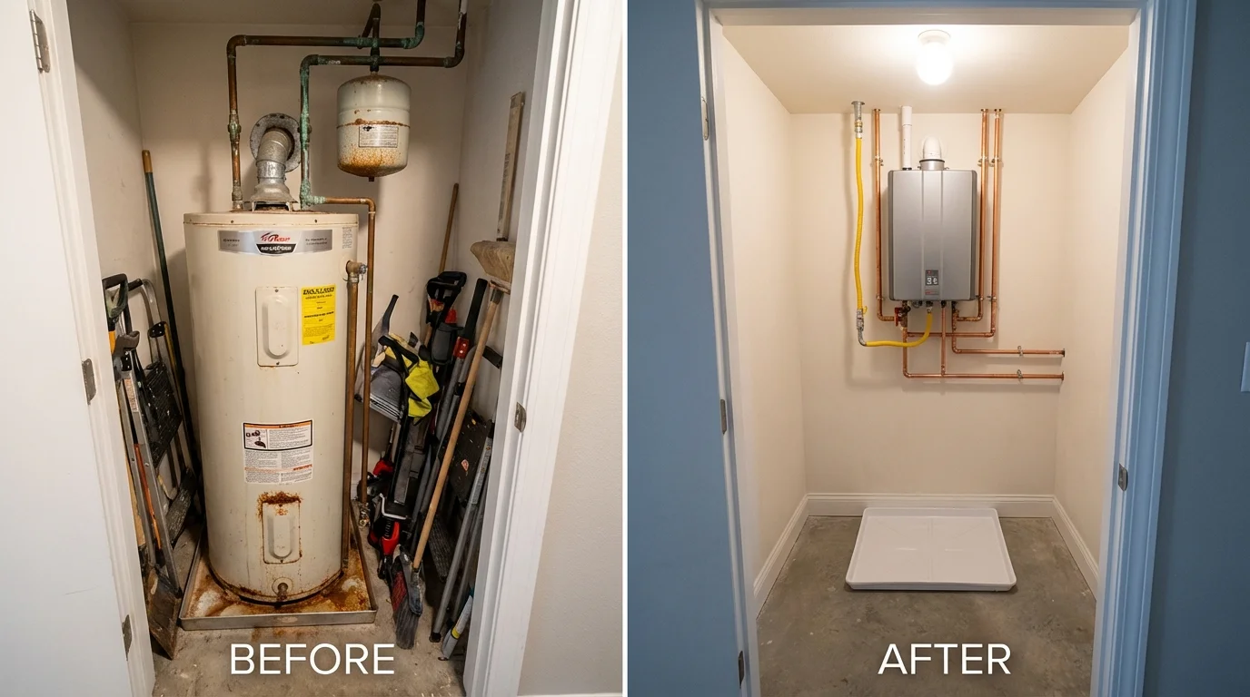 Tank water heater versus wall-mounted tankless unit comparison for Lancaster, MA homeowners