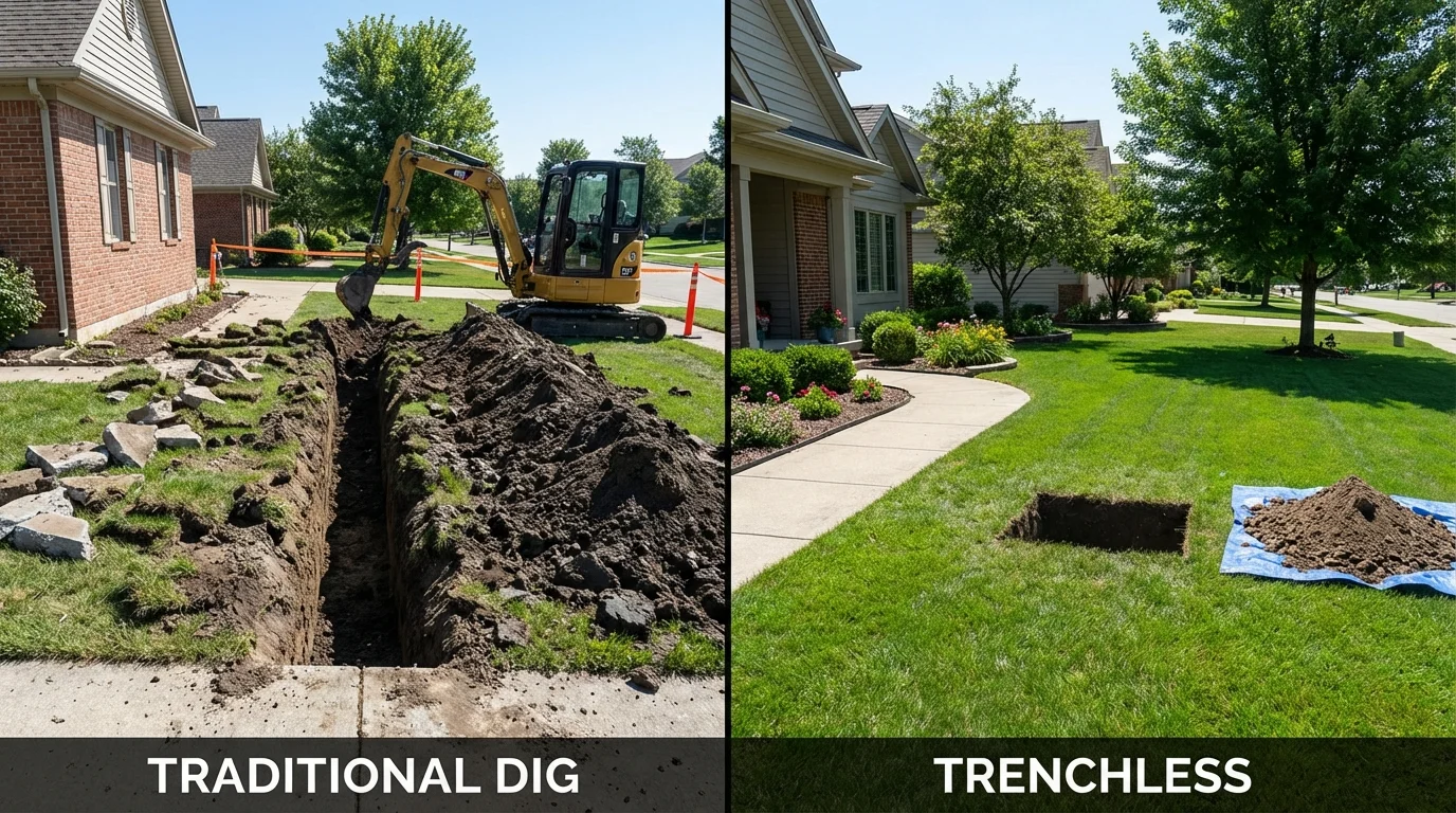 Trenchless sewer repair with minimal yard damage versus traditional excavation in Lancaster, MA