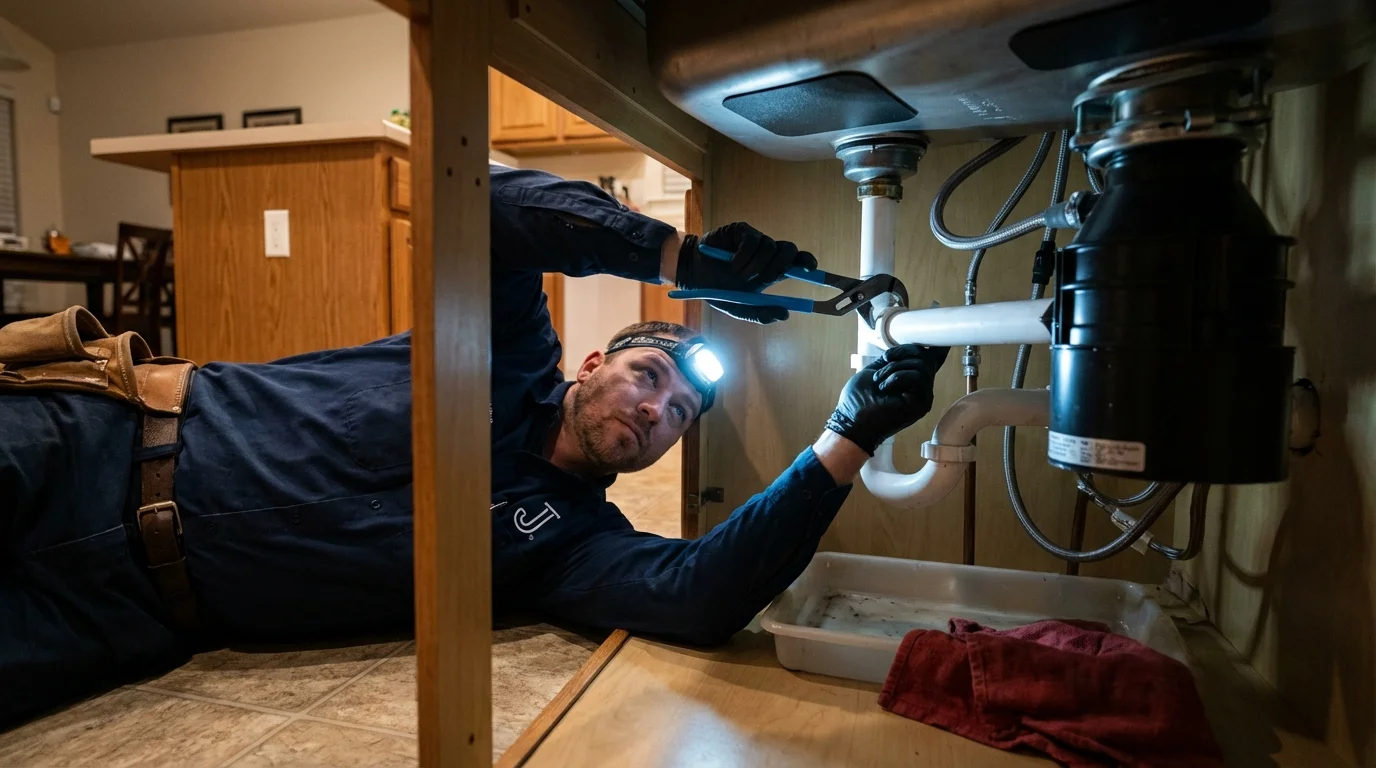 P-trap and supply line connections under a kitchen sink showing a common leak point in Lancaster, MA